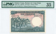 BELGIAN CONGO: 10 Francs (15.8.1949) in gray-blue on pink unpt with dancing Watusi at left. S/N: "A/N 991778". WMK: Okapis head. Printed by W&S. Insid...