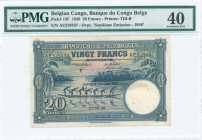 BELGIAN CONGO: 20 Francs (10.8.1948) in blue with long boat (pirogue) with seven oarsmen at left center. S/N: "AE579437". Ovpt: "SEPTIEME EMISSION-194...
