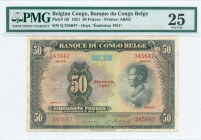BELGIAN CONGO: 50 Francs (EMISSION 1951) in black on multicolor unpt with woman at right. S/N: "Q 345647". Printed by ABNC. Inside holder by PMG "Very...