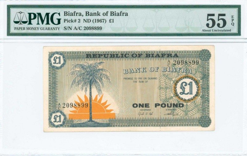 BIAFRA: 1 Pound (ND 1967) in blue and orange with a palm tree and a large rising...