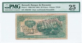 BURUNDI: 20 Francs (ND 1964 - old date 5.10.1964) in green with large black ovpt "BURUNDI" on Rwanda-Burundi banknote. S/N: "J965769". Printed by TDLR...