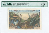 CAMEROON: 500 Francs (ND 1962) in multicolor with man with two oxen, denomination in French and English. S/N: "Y.1 94569". WMK: Antelopes head. Inside...
