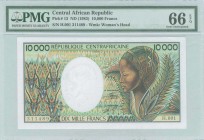 CENTRAL AFRICAN REPUBLIC: 10000 Francs (ND 1983) in brown, green and multicolor with African woman at right and five antelopes heads at left. S/N: "H....