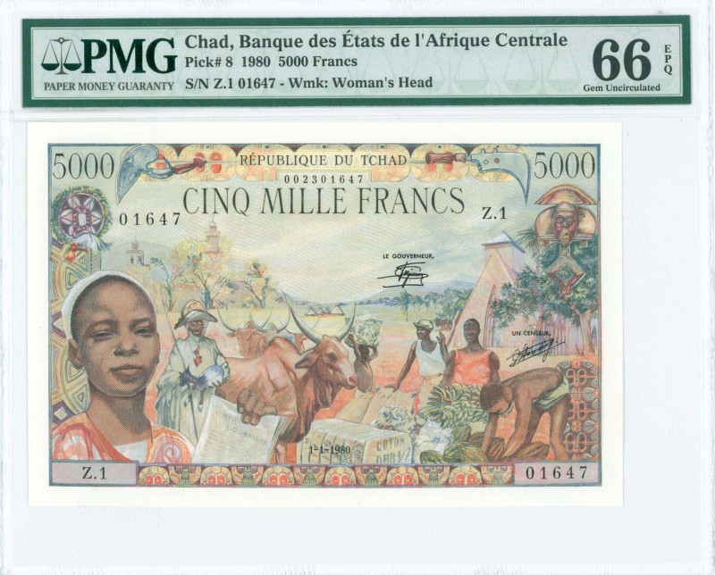 CHAD: 5000 Francs (1.1.1980) in brown and multicolor with girl at lower left and...