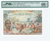 CHAD: 5000 Francs (1.1.1980) in brown and multicolor with girl at lower left and village scene at center. S/N: Z.1 01647. WMK: Womans head. Inside hol...