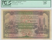 EGYPT: 100 Pounds (1.2.1943) in brown, red and green with Citadel of Cairo at left and mosque at right. S/N "K/6 000680". Signature by Nixon. Inside h...