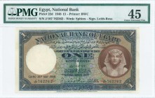 EGYPT: 1 Pound (26.6.1948) in blue and brown with portrait of Tutankhamen in brown at right. S/N: "J/107 762362". WNK: Sphinx. Signature by Leith-Ross...