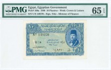 EGYPT: 10 Piastres (1940) in blue on green unpt with portrait of King Farouk at right. S.N: "U/8 149370". WMK: Crown and letters. Signature title: "MI...