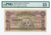 ETHIOPIA: 10 Thalers (29.4.1933) in blue-green on multicolor unpt with leopard at center, Arms at left and banks building at right. S/N: "B/2 16200". ...