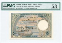 FRENCH AFARS & ISSAS (DJIBOUTI): 500 Francs (ND 1973) in multicolor with ships at left center. S/N: "Z.38 376". WMK: Womans head. Printed by BDF (with...