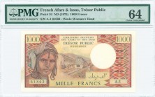 FRENCH AFARS & ISSAS: 1000 Francs (ND 1975) in multicolor with woman at left, people by diesel passenger trains at center. S/N: "A.1 61863". WMK: Woma...