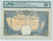FRENCH WEST AFRICA: 50 Francs (14.3.1929) in blue and yellow with elephants head and tree at left and right. S/N: "Y.191500". Banque de lAfrique Occid...
