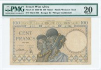 FRENCH WEST AFRICA: 100 Francs (10.9.1941) in blue and brown with two women with fancy hairdress. S/N: "M.246 600". WMK: Womans head. Inside holder by...