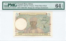 FRENCH WEST AFRICA: 5 Francs (6.5.1942) in multicolor. S/N: "U.9424 849". WMK: Mans head. Value, date and signatures in black. Inside holder by PMG "C...