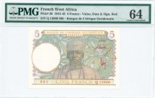 FRENCH WEST AFRICA: 5 Francs (2.3.1943) in multicolor with man at center. S/N: "Q.13800 805". WMK: Mans head. Value, date and signatures in red. Insid...