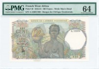 FRENCH WEST AFRICA: 100 Francs (2.10.1951) in multicolor with woman with fruit bowl at center. S/N: "A.13684 090". WMK: Mans head. Inside holder by PM...
