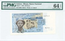 GUINEA-BISSAU: 50 Pesos (24.9.1975) in blue and brown on multicolor unpt with portrait of P Nalsna at left, group at center. S/N: "K001 42513". WMK: A...