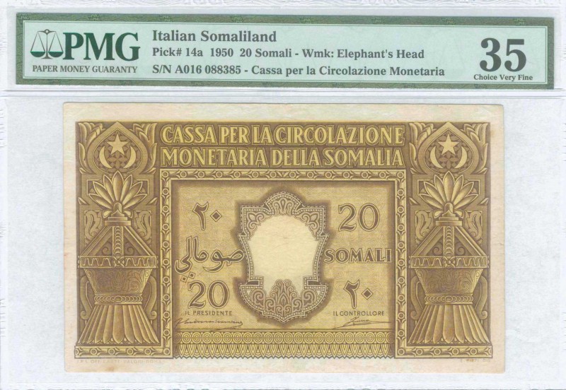 ITALIAN SOMALILAND: 20 Somali (1950) in brown and yellow with Somali star flanke...
