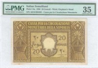 ITALIAN SOMALILAND: 20 Somali (1950) in brown and yellow with Somali star flanked by crescent moons and Somali fireplace. S/N: "A016 088385". WMK: Ele...