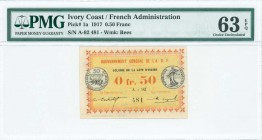 IVORY COAST: 0,50 Franc (1917) in black and orange on yellow unpt with obverse and reverse of French 50 Centimes coin. S/N: "A-92 481" of 3,5mm height...