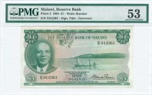 MALAWI: 1 Pound (1964) in green on multicolor unpt with portrait of Dr Hastings Kazumu Banda at left, fishermen in boat on lake Malawi at center. S/N:...