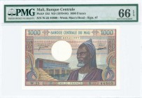 MALI: 1000 Francs (ND 1970-84) in brownish black, purple and multicolor with building at left and older man at right. S/N: "W.23 44809". WMK: Mans hea...