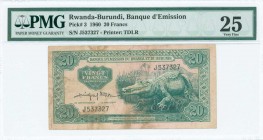 RWANDA - BURUNDI: 20 Francs (5.10.1960) in green on tan and pink unpt with crocodile at right. S/N: "J537327". Printed by TDLR. Inside holder by PMG "...