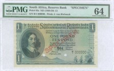 SOUTH AFRICA: Specimen of 1 Pound (1.9.1948) in blue with portrait of Jan van Riebeek at left. S/N: "B1 000000". Diagonal red ovpt "SPECIMEN" at cente...