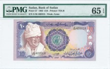 SUDAN: 10 Pounds (1.1.1983) in purple and red-brown on multicolor unpt with President J Nimeiri wearing national headdress at left, Arms at center. S/...