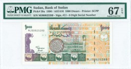 SUDAN: 1000 Dinars (AH 1416 / 1996) in green, yellow-brown and purple with seal at left center and building in background at center. Type II S/N: "MJ0...