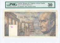 TUNISIA: 5000 Francs (16.5.1950) in multicolor with Roman ruins at left and roman emperor Vespasian at right. S/N: "Q.90 398". WMK: Womans Head. Insid...