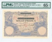 TUNISIA: 1000 Francs overprinted on 100 Francs (ND 1942-43) in violet, blue and brown with woman seated at left and right. S/N: "S.4 773". Inside hold...