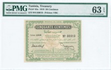 TUNISIA: 50 Centimes (17.3.1919) in green. Low S/N: "00010". Black cachet on back. Printed by YVORRA-BARLIER-CLAVE. Inside holder by PMG "Choice Uncir...