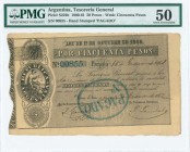 ARGENTINA: 50 Pesos (1861) in black with seated woman in oval at left. S/N: "00855". Oval hand stamp "PAGADO". Inside holder by PMG "About Uncirculate...