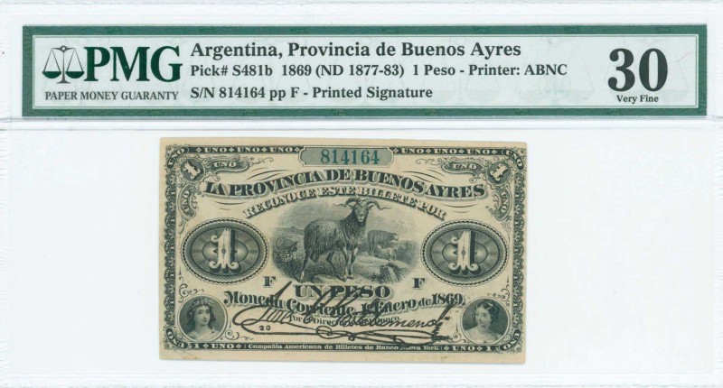 ARGENTINA: 1 Peso (1.1.1869 - ND 1877/83 issue) in black with woman at lower lef...