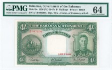 BAHAMAS: 4 Shillings (Law 1936 - ND 1947) in green with ship seal at left and King George VI at right. S/N: "A/10 087200". WMK: Columbus. Printed by T...