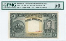 BAHAMAS: 1 Pound (Law 1936 - ND 1947) in black, yellow, orange and green with seal at left and King George VI at right. S/N: "A/7 134846". WMK: Columb...