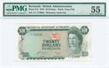 BERMUDA: 20 Dollars (1.3.1976) in green on multicolor unpt with portrait of Queen Elizabeth II at right and Arms at left. S/N: "A/1 710696". WMK: Tuna...