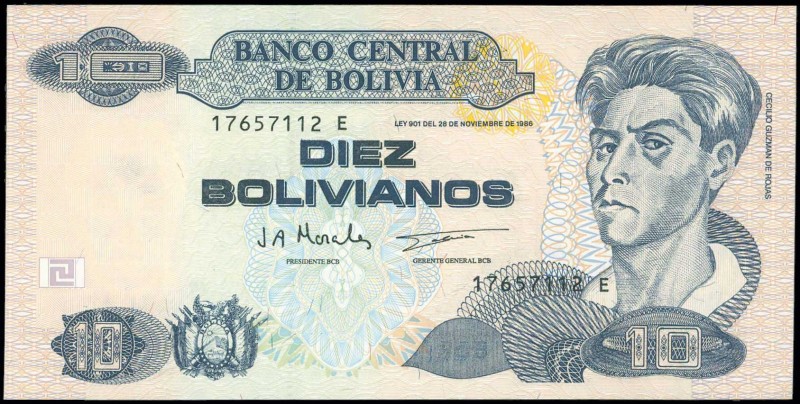 BOLIVIA: 10 Bolivianos (1997) in blue-black on multicolor unpt with Cecilio Guzm...