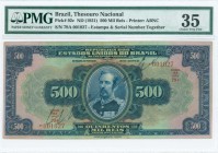 BRAZIL: 500 Mil Reis (ND 1931) in blue on multicolor unpt with M Peixoto at center. S/N: "79A 001027". Estampa and serial number together, handwritten...