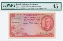 BRITISH CARIBBEAN TERRITORIES: 1 Dollar (28.11.1950) in red on multicolor unpt with map at lower left and portrait of King George VI at right. S/N: "D...