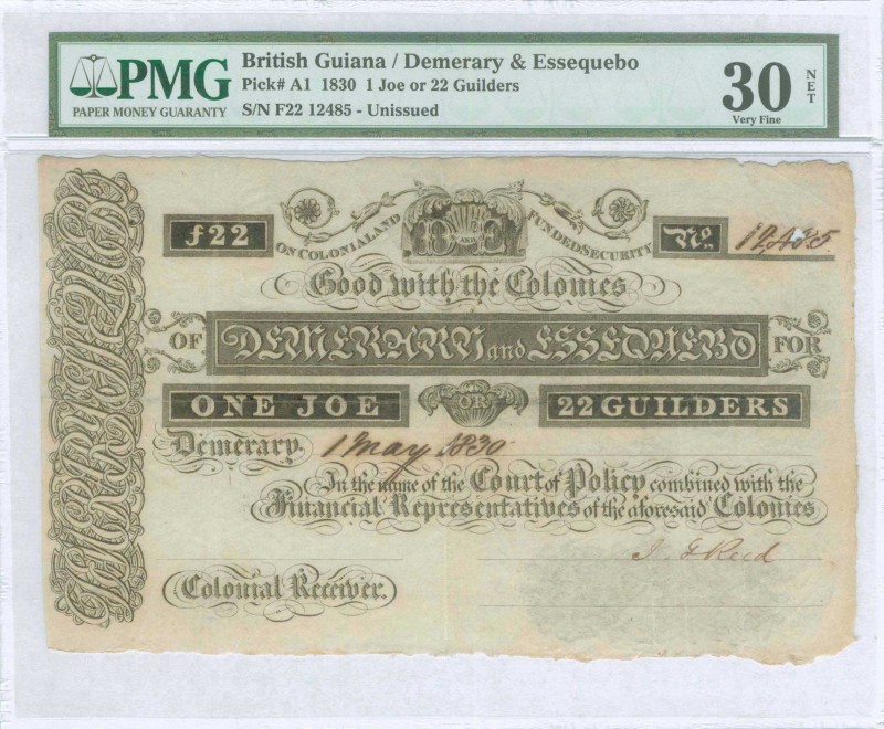 BRITISH GUIANA: 1 Joe or 22 Guilders (1.5.1830) in black with Ornate D-E at uppe...