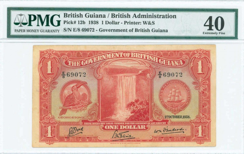 BRITISH GUIANA: 1 Dollar (1.10.1938) in red with toucan at left, Kaieteur Falls ...