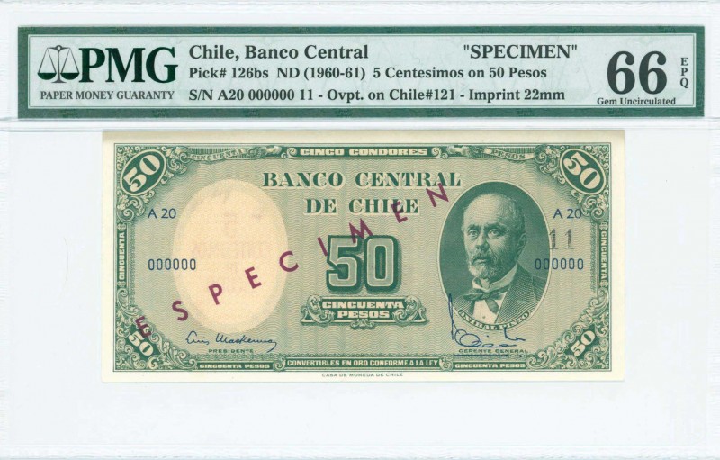 CHILE: Specimen of 5 Centesimos on 50 Pesos (ND 1960-61) in green with portrait ...