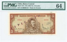 CHILE: Specimen of 5 Escudos (ND 1962-75) in reddish brown on multicolor unpt with portrait of Manuel Bulnes at center. Diagonal dark red ovpt "ESPECI...