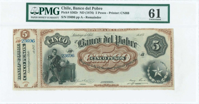 CHILE: 5 Pesos (ND 1876) remainder banknote in black, brown and yellow with Colu...