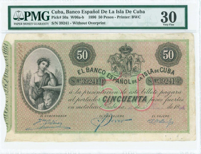 CUBA: 50 Pesos (15.5.1896) in black on red and green unpt with allegorical woman...