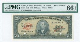 CUBA: Specimen of 20 Pesos (ND 1960) in black on olive unpt with portrait of A Maceo at center. Black S/N: "M000000A". Two diagonal red ovpts "MUESTRA...