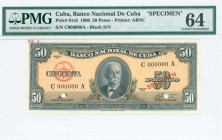 CUBA: Specimen of 50 Pesos (ND 1960) in black on yellow unpt with portrait of Calixto Garcia Iniguez. Black S/N: "C000000A". Diagonal red ovpt "SPECIM...