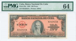 CUBA: 100 Pesos (1959) in black on orange unpt with portrait of F Aguilera at center. S/N: "B242823A". Printed by ABNC. Inside holder by PMG "Choice U...